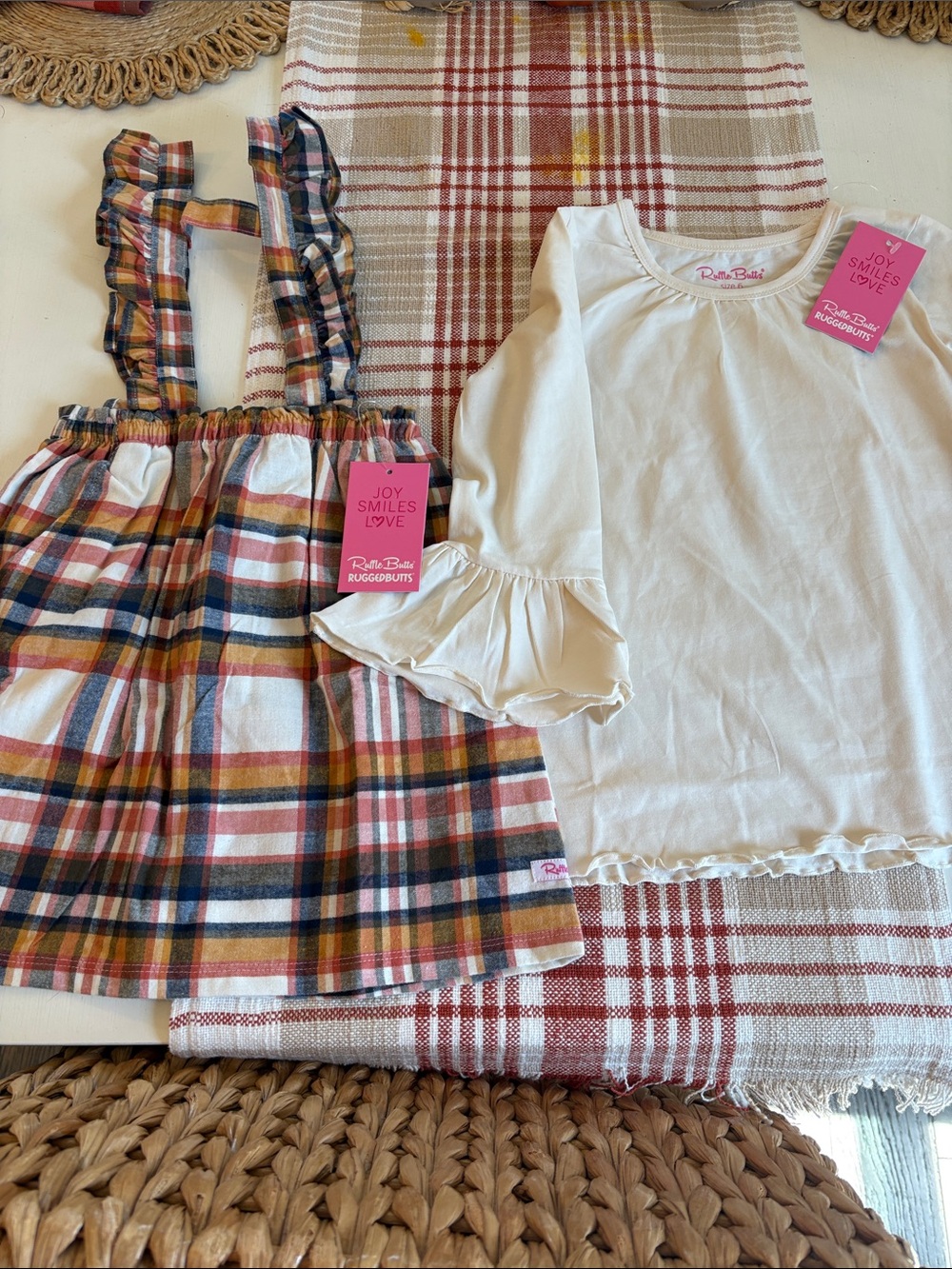 Ruffle Butts Cream Ruffle-Sleeve Top with Multicolor Plaid dress